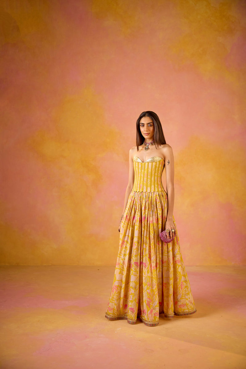 Yellow Sequinned Corset Muslin Lehenga Set