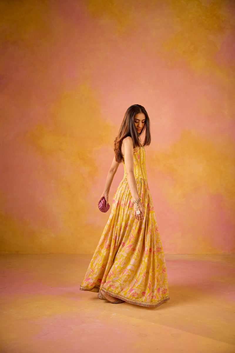 Yellow Sequinned Corset Muslin Lehenga Set