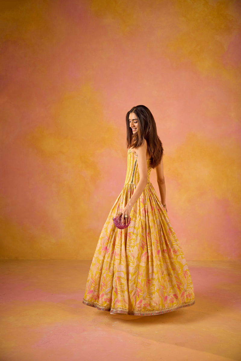 Yellow Sequinned Corset Muslin Lehenga Set