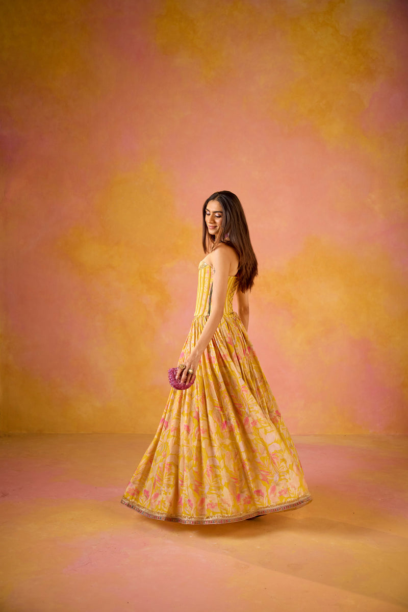 Yellow Sequinned Corset Muslin Lehenga Set