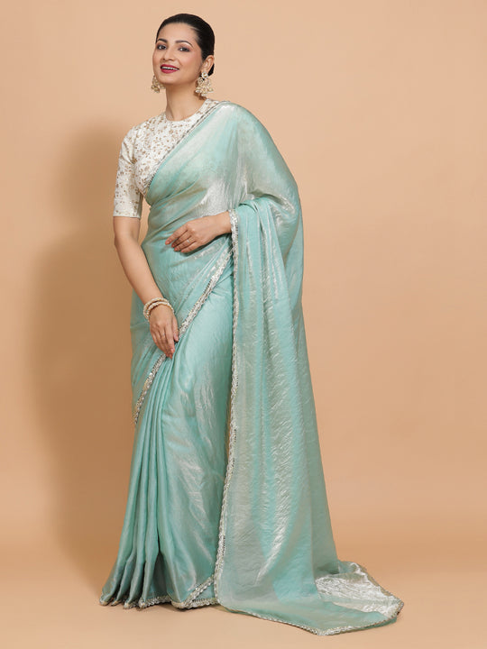 Aqua Sheen Ready-to-Wear Pre Draped Tissue Saree