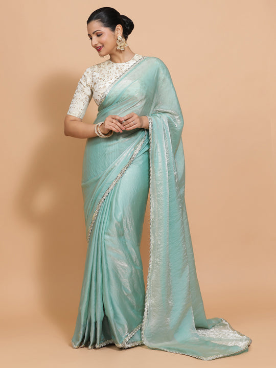 Aqua Sheen Ready-to-Wear Pre Draped Tissue Saree