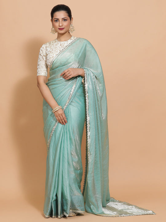 Aqua Sheen Ready-to-Wear Pre Draped Tissue Saree