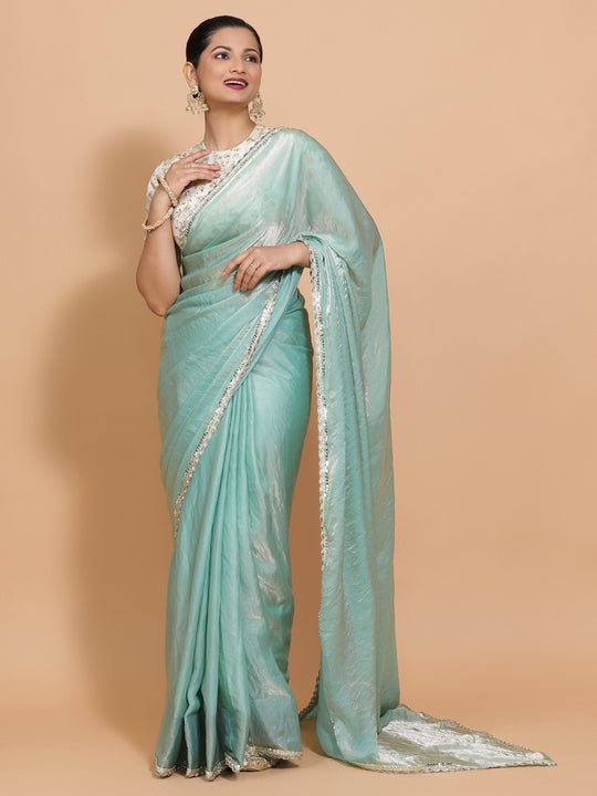 Aqua Sheen Ready-to-Wear Pre Draped Tissue Saree