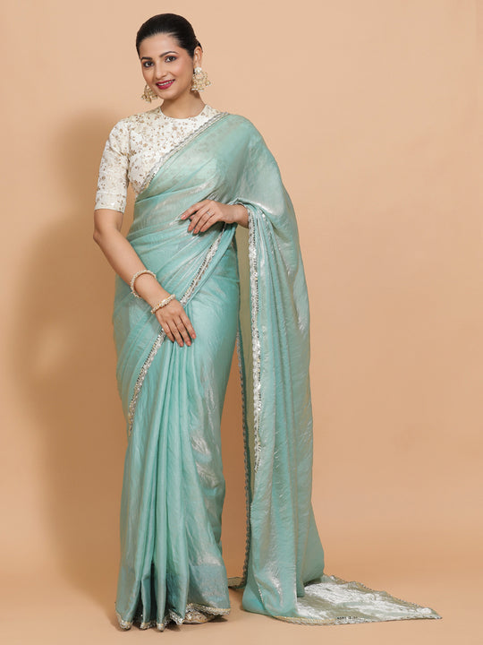 Aqua Sheen Ready-to-Wear Pre Draped Tissue Saree