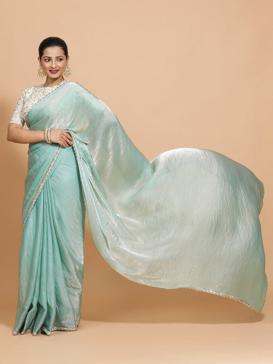 Aqua Sheen Ready-to-Wear Pre Draped Tissue Saree