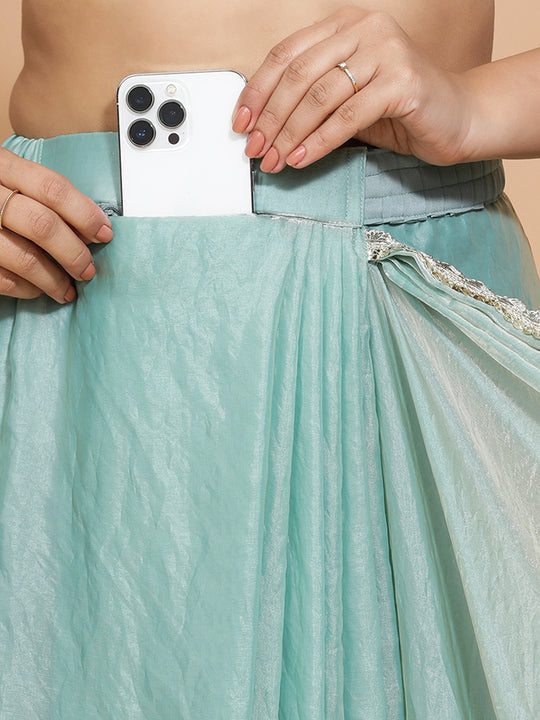 Aqua Sheen Ready-to-Wear Pre Draped Tissue Saree