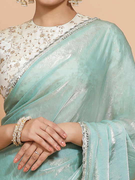 Aqua Sheen Ready-to-Wear Pre Draped Tissue Saree