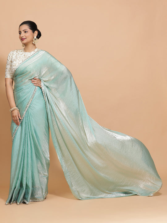 Aqua Sheen Ready-to-Wear Pre Draped Tissue Saree