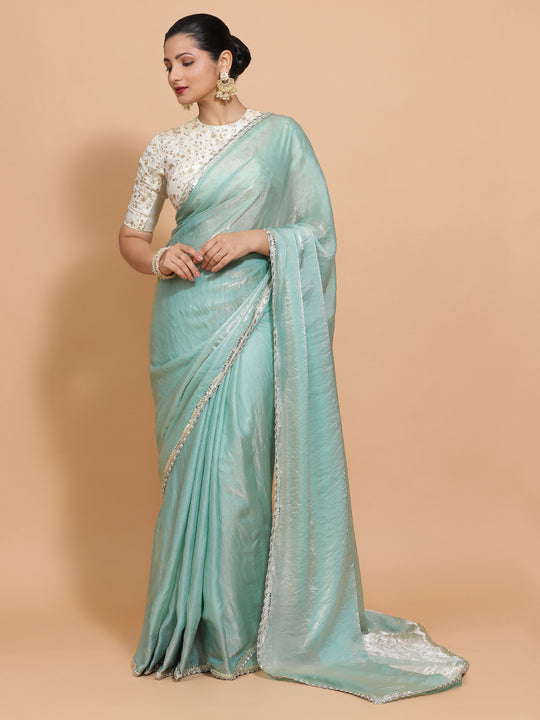 Aqua Sheen Ready-to-Wear Pre Draped Tissue Saree