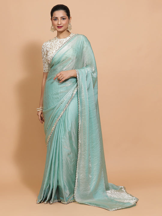 Aqua Sheen Ready-to-Wear Pre Draped Tissue Saree