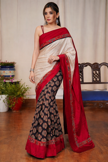 Beige Saree with Red Ajrakh Combination Border & Printed Black Pallu with Stiched Blouse