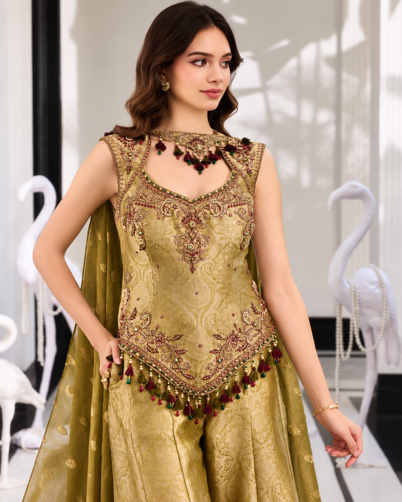 Mehfil Olive Gold Brocade Sharara Set