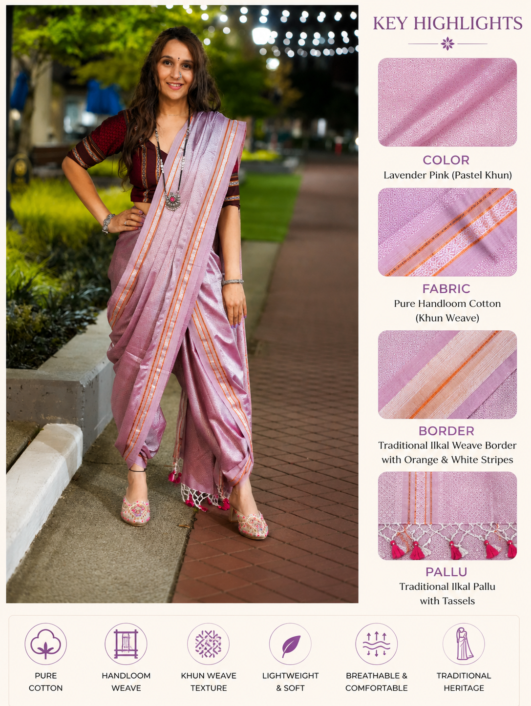 Pastel Khun & Ilkal Handloom Saree Lavender Pink