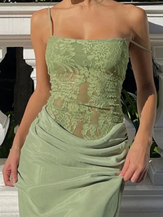 Green Flat Jersey Lace-Trimmed Maxi Dress