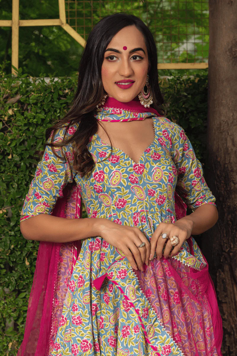 Gulnaar Bloom Cotton Anarkali Set