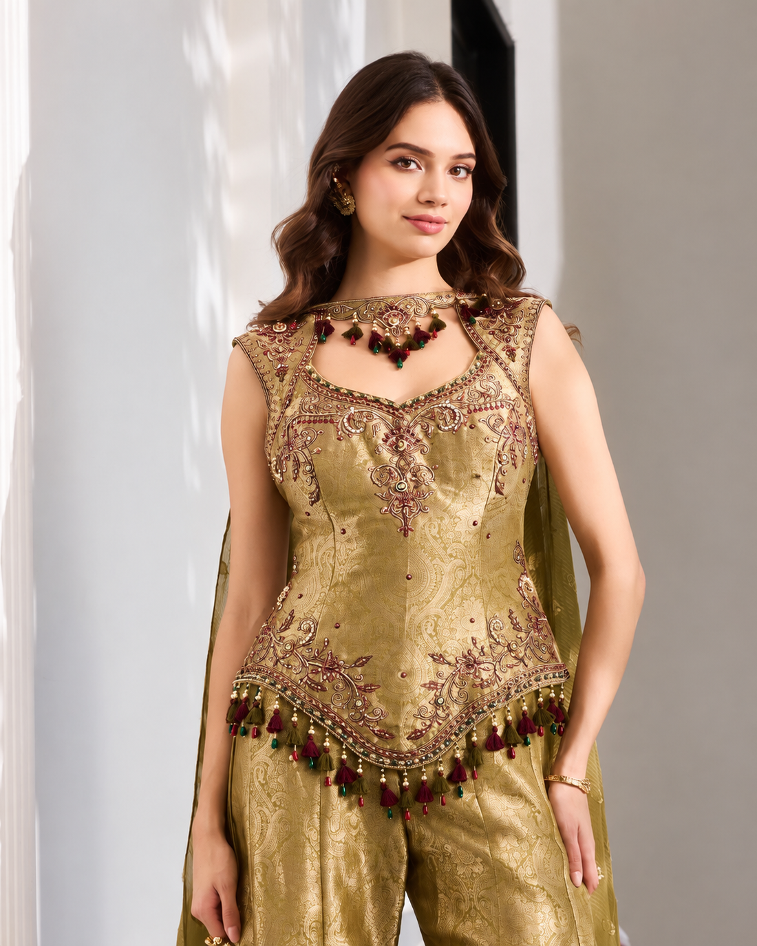 Mehfil Olive Gold Brocade Sharara Set