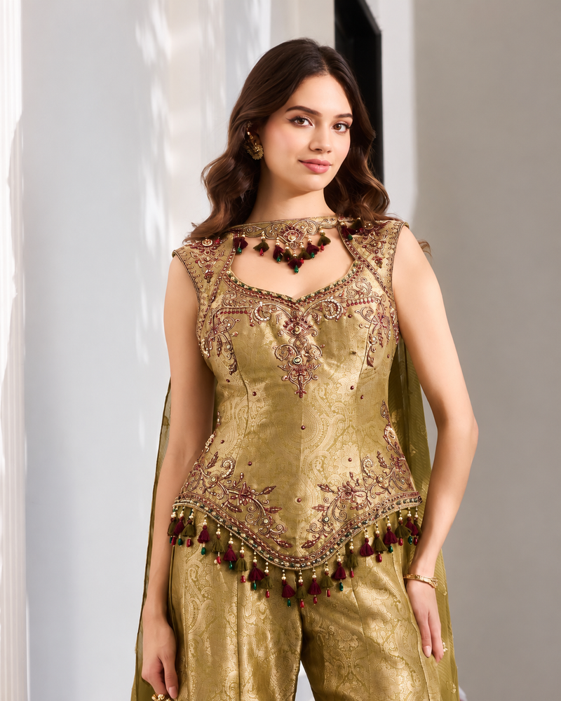 Mehfil Olive Gold Brocade Sharara Set