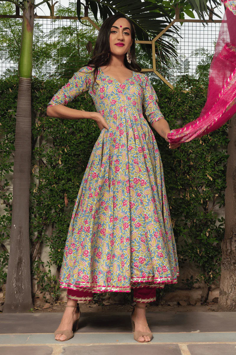 Gulnaar Bloom Cotton Anarkali Set