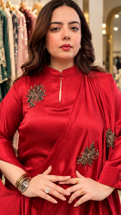 Crimson Elegance Embellished Draped Satin Gown