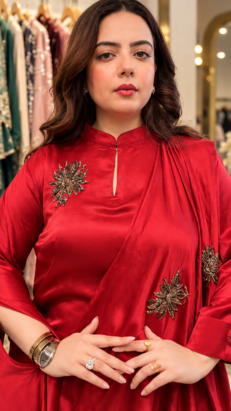 Crimson Elegance Embellished Draped Satin Gown