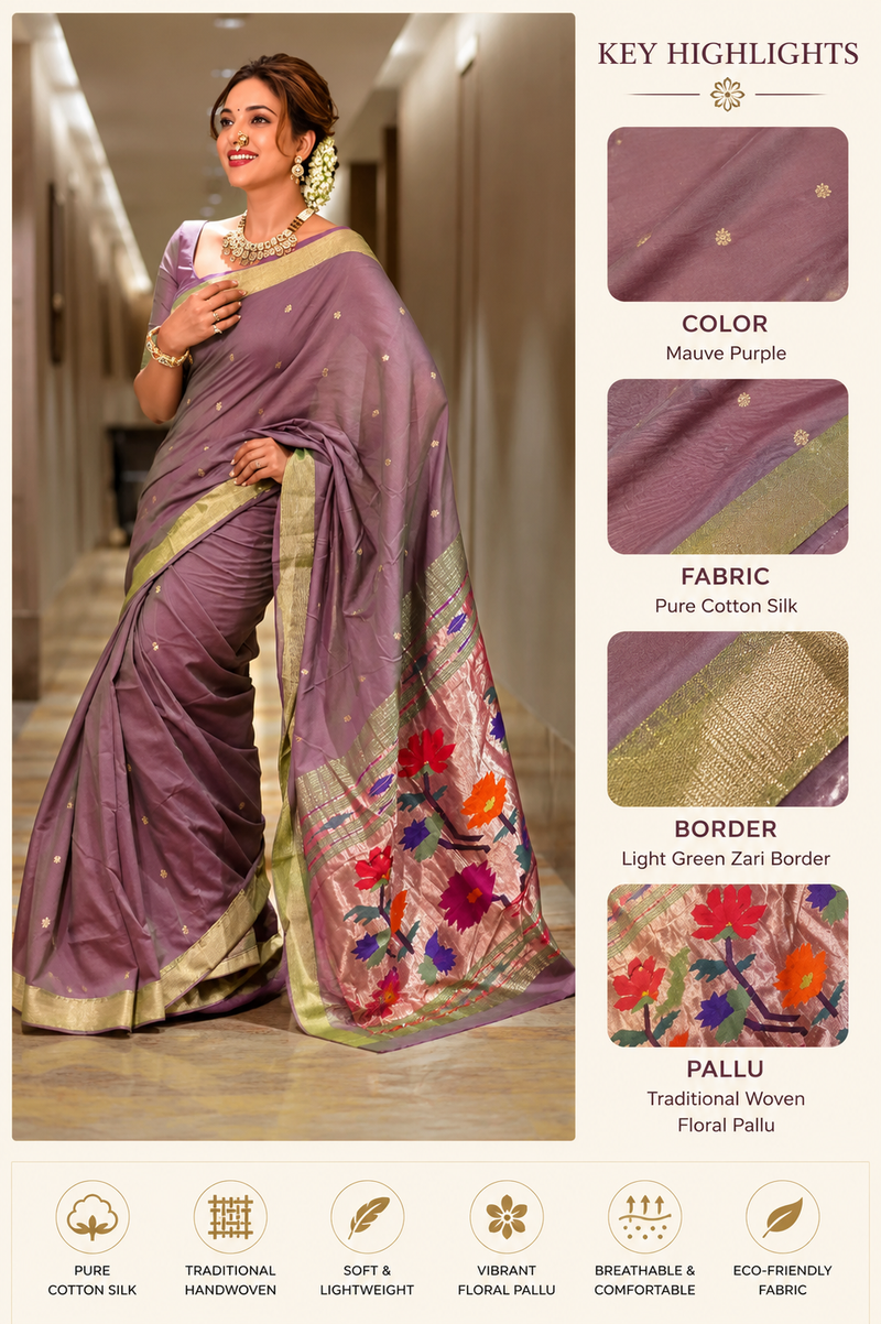 Pure Cotton Handloom Paithani Saree  Dual Tone Green & Pink