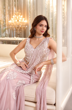 Aarohi Pastel Pink Tissue Lehanga Saree With Blouse