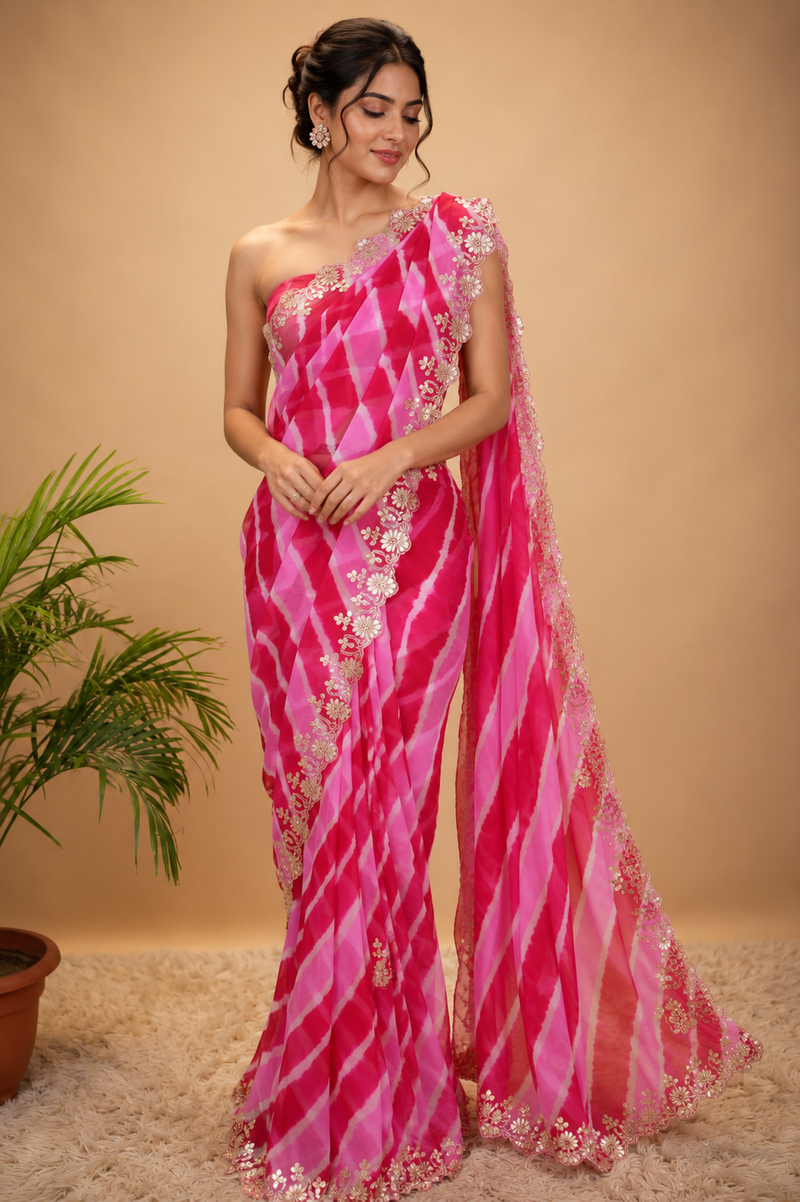 Azure Blue Pure Chiffon Leheriya Saree with Floral Embroidery & Sequin Handwork
