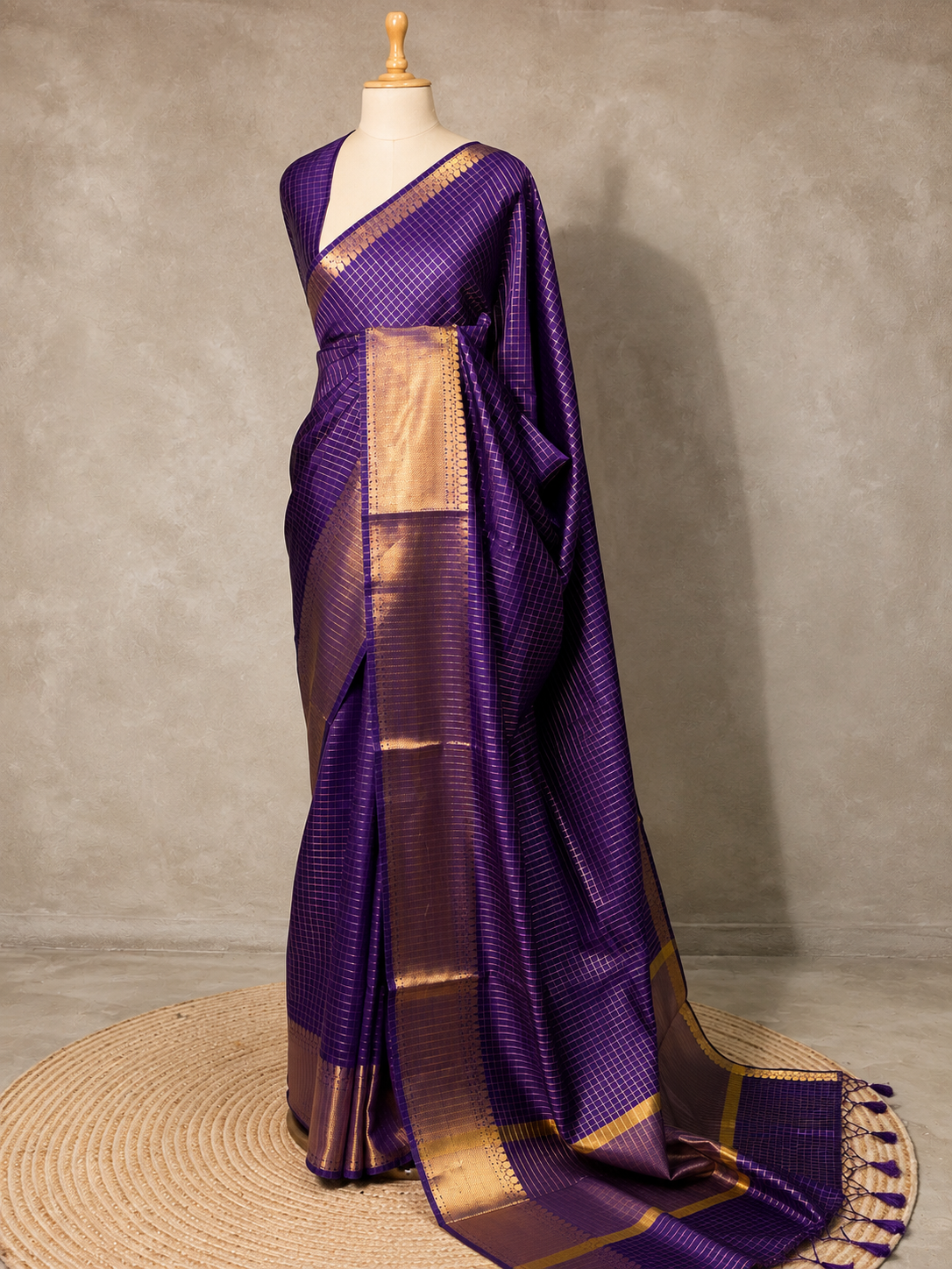 Royal Purple Semi Banarasi Check Saree