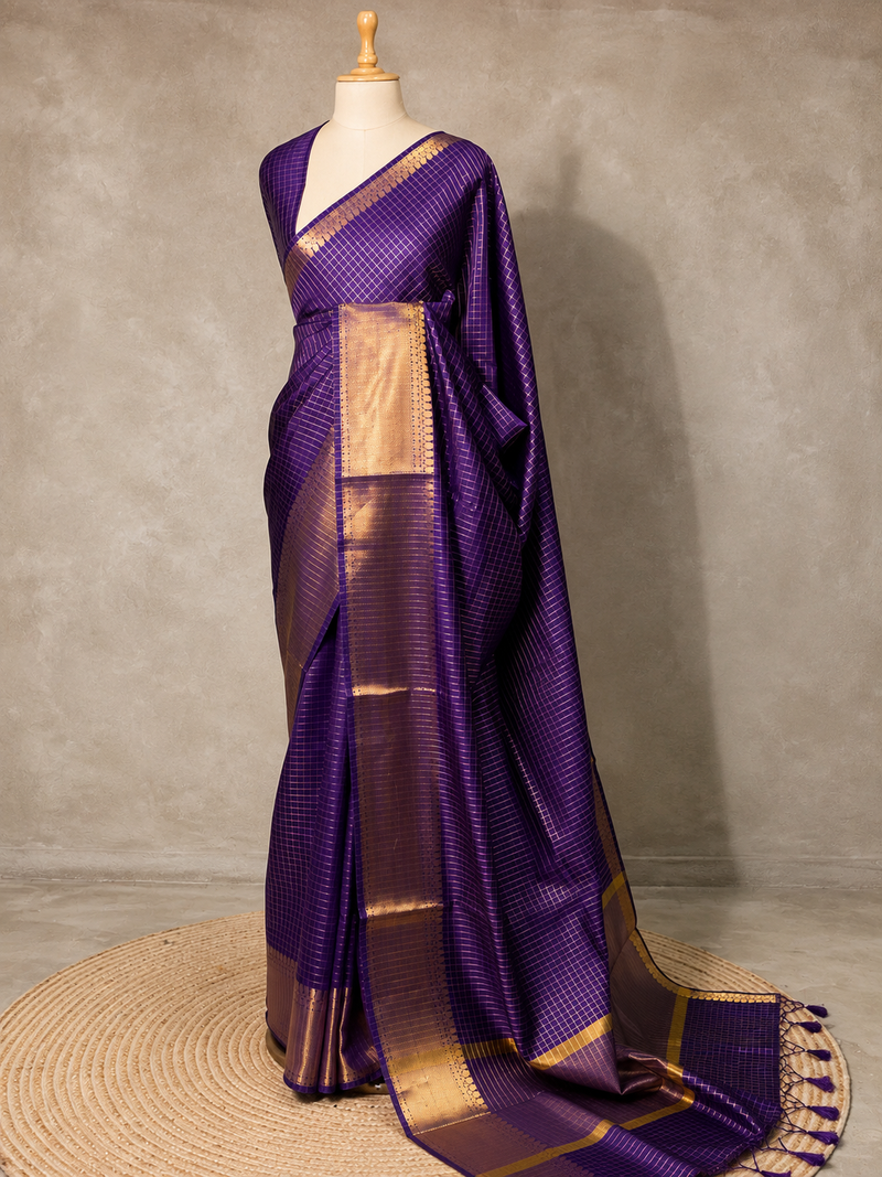 Royal Purple Semi Banarasi Check Saree