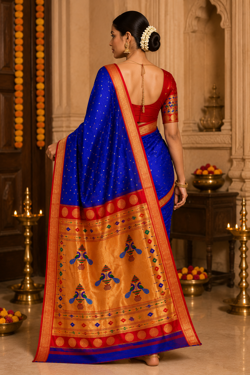 Sindoori Red 9 Yard Soft Silk Paithani Saree with Kalash Peacock Pallu