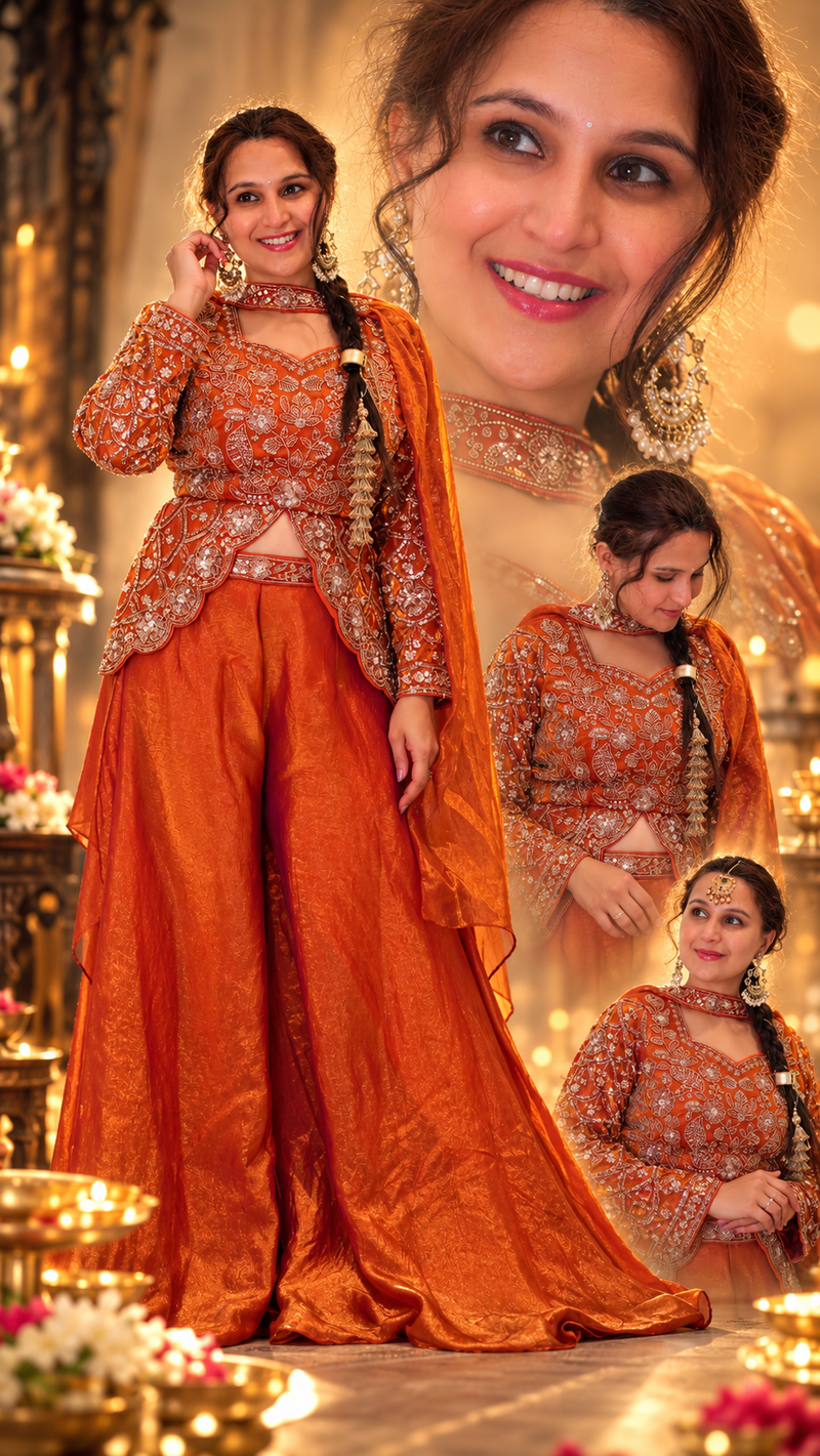 Rust Orange Embroidered Festive Palazzo Set with Dupatta