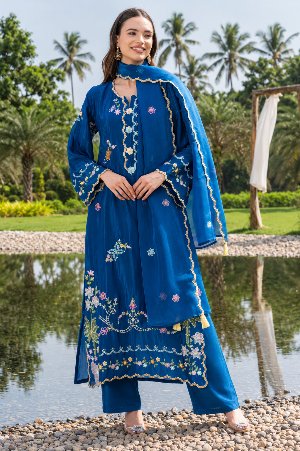 Women's Blue Embroidered Festive Ethnic Suit