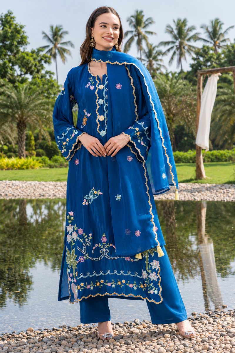 Women's Blue Embroidered Festive Ethnic Suit