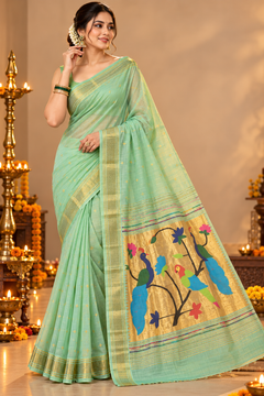 Mint Green Paithani Saree with Golden Zari Peacock & Multicolor Bird Pallu