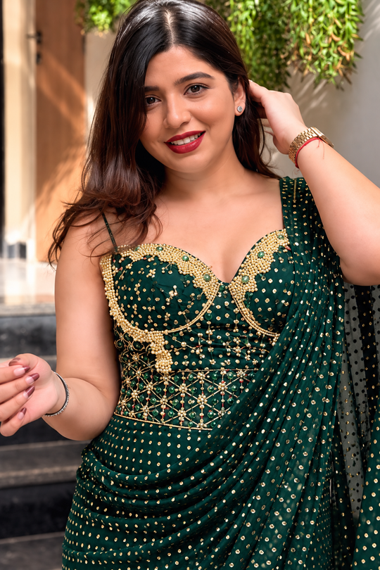 Amethyst Sheesh Mahal Pre-Draped Saree With Corset Blouse