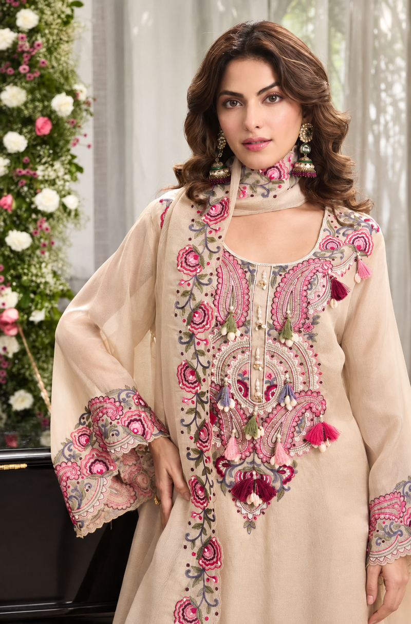 Noor Beige Tissue Embroidered Farsi Salwar Set