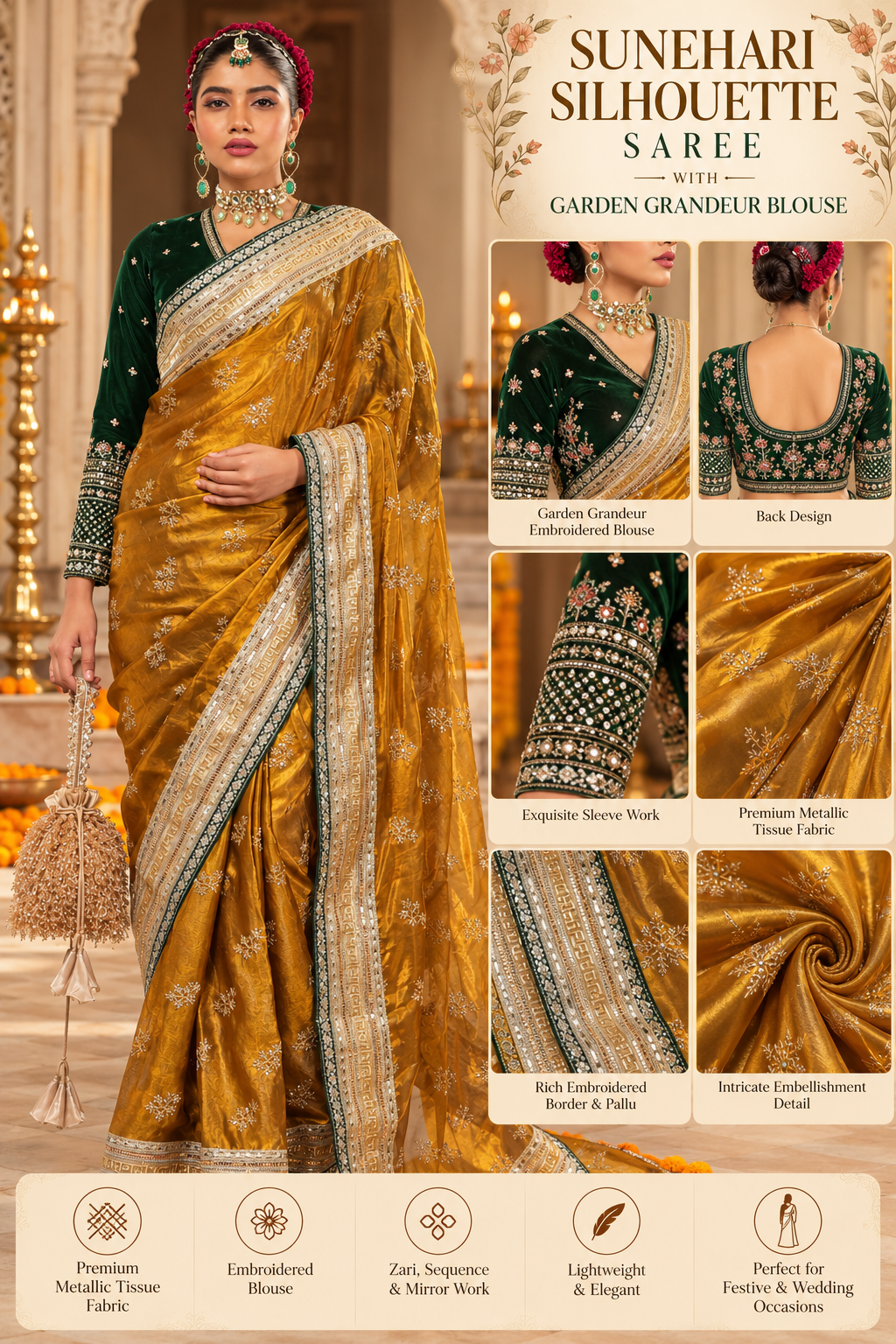 SUNEHARI SILHOUETTE SAREE WITH GARDEN GRANDEUR BLOUSE