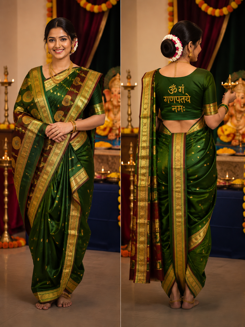 Jijamata Pure Cotton Silk 9-Yard Nauvari Paithani Saree With Morani Pallu