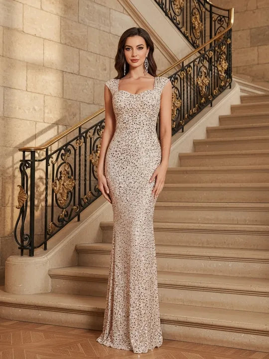 Burgundy Sequinned Floor-Length Cocktail Dress