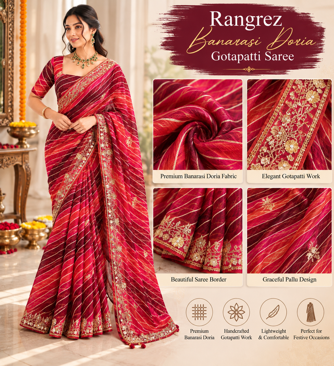 Rangrez Banarasi Doria Gotapatti Saree