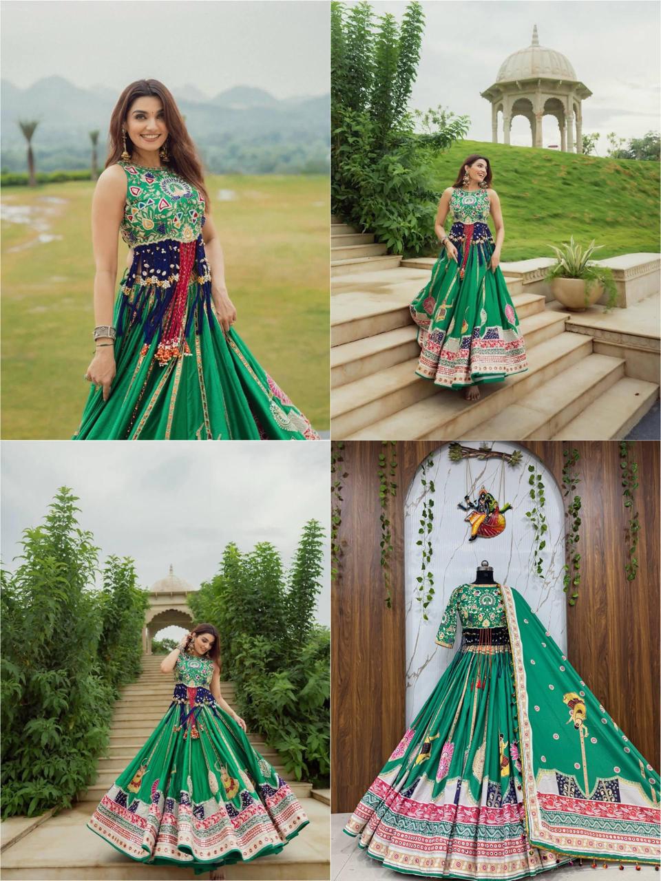 Green Heritage Lehenga Choli Set with Printed Dupatta