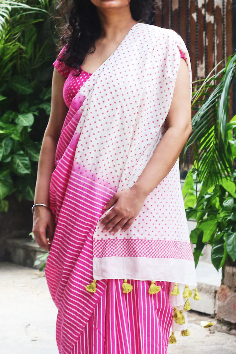 Crimson Dot & Stripe Cotton Saree