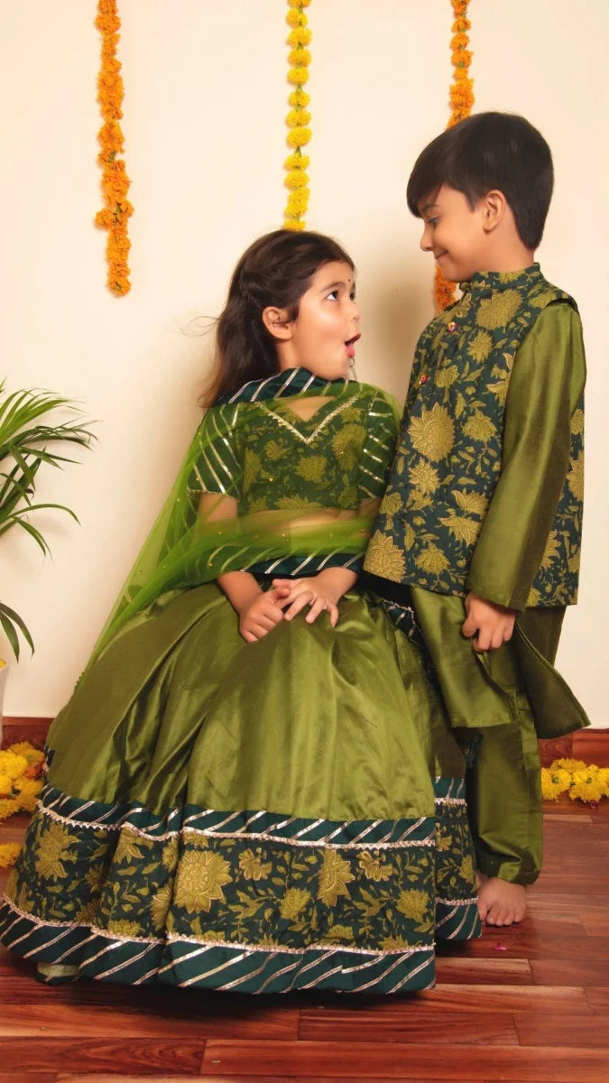 Green Cotton Silk Bachapan Idika Lehenga Set