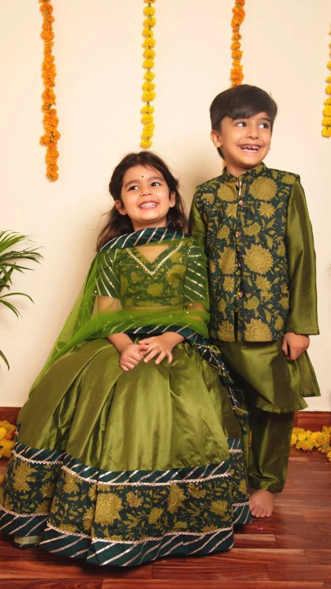 Green Cotton Silk Bachapan Idika Lehenga Set