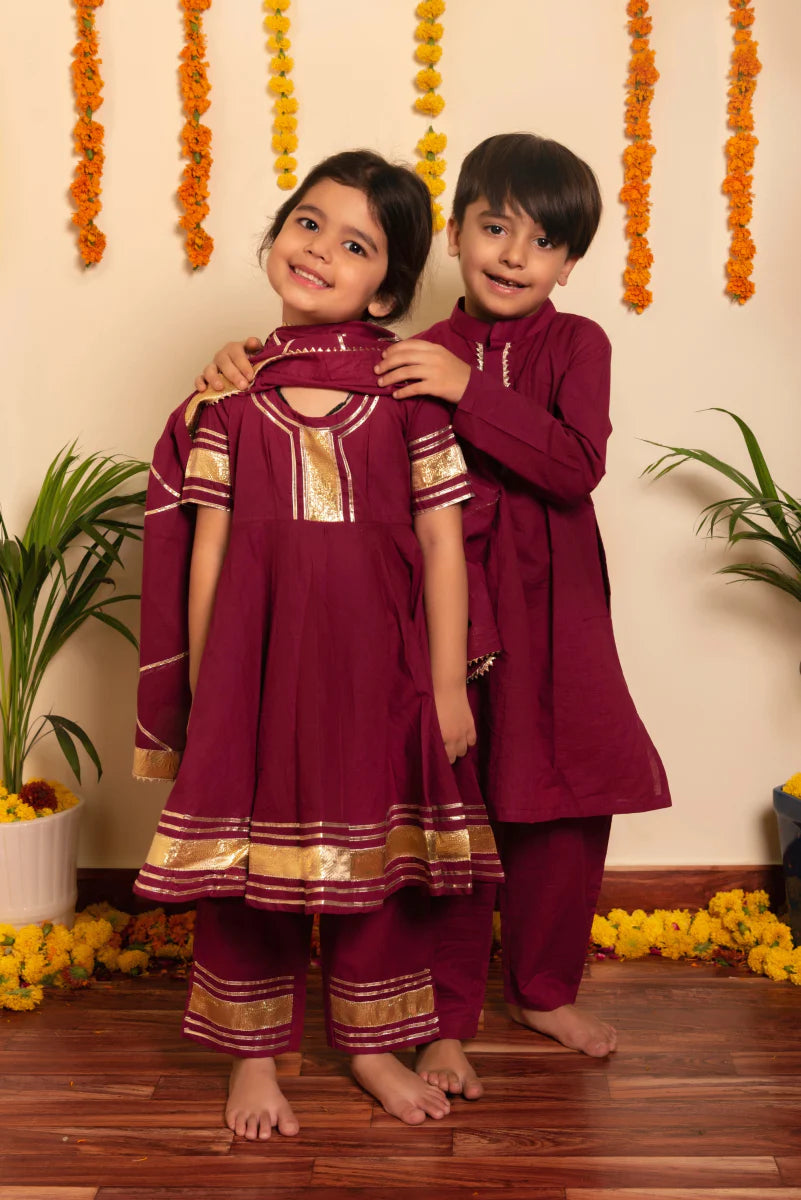 Burgundy Cotton Bachapan Anarkali Set