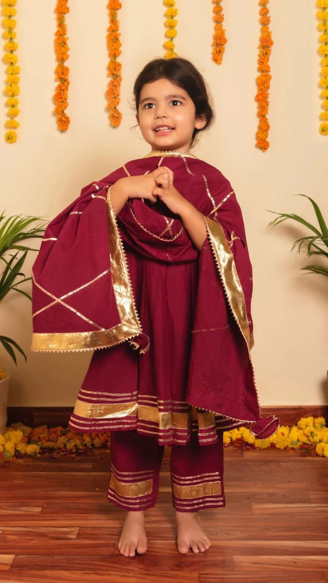 Burgundy Cotton Bachapan Anarkali Set
