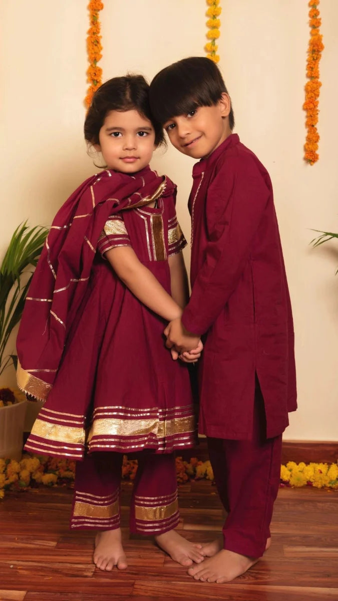 Burgundy Cotton Bachapan Anarkali Set
