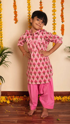 Pink Cotton Bachapan Gulbhar Kurta Set