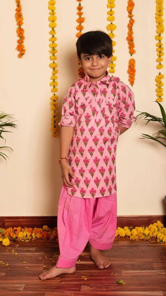 Pink Cotton Bachapan Gulbhar Kurta Set